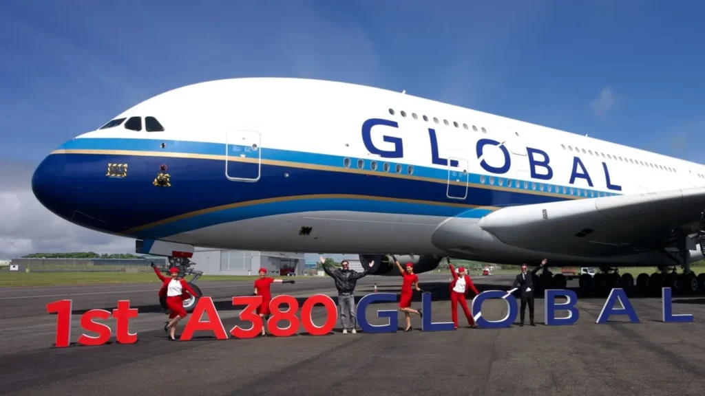 Global Airlines Airbus A380 in flight, symbolizing the revival of luxury air travel.