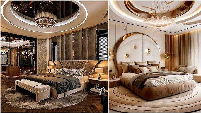 A luxurious 2025 bedroom featuring moody hues, rich textures, and integrated smart technology.